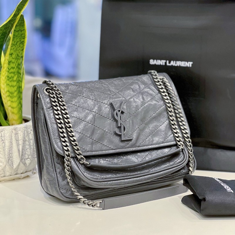 YSL niki中號 灰色小牛皮復古皺褶 鏈條包 新款D扣-2