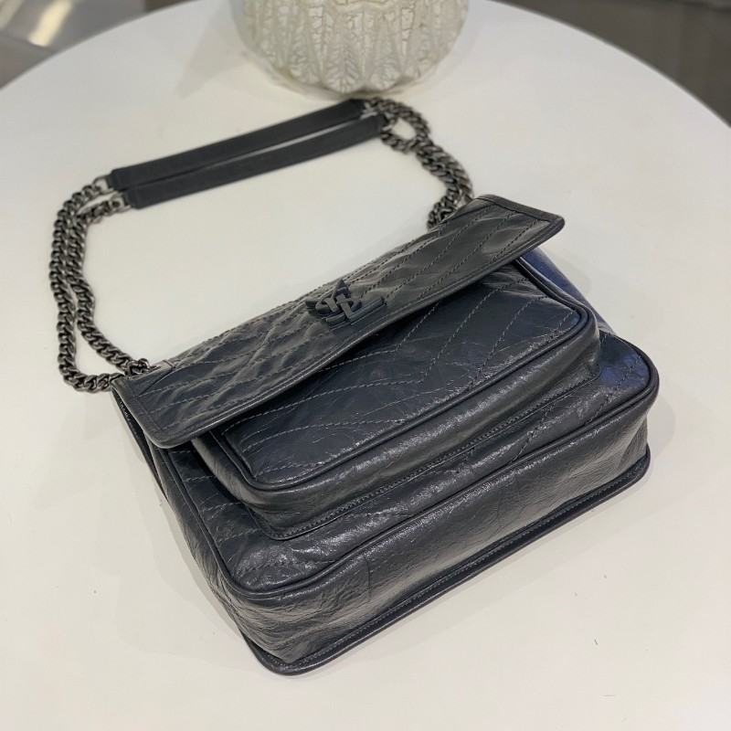 YSL niki中號 灰色小牛皮復古皺褶 鏈條包 新款D扣-3