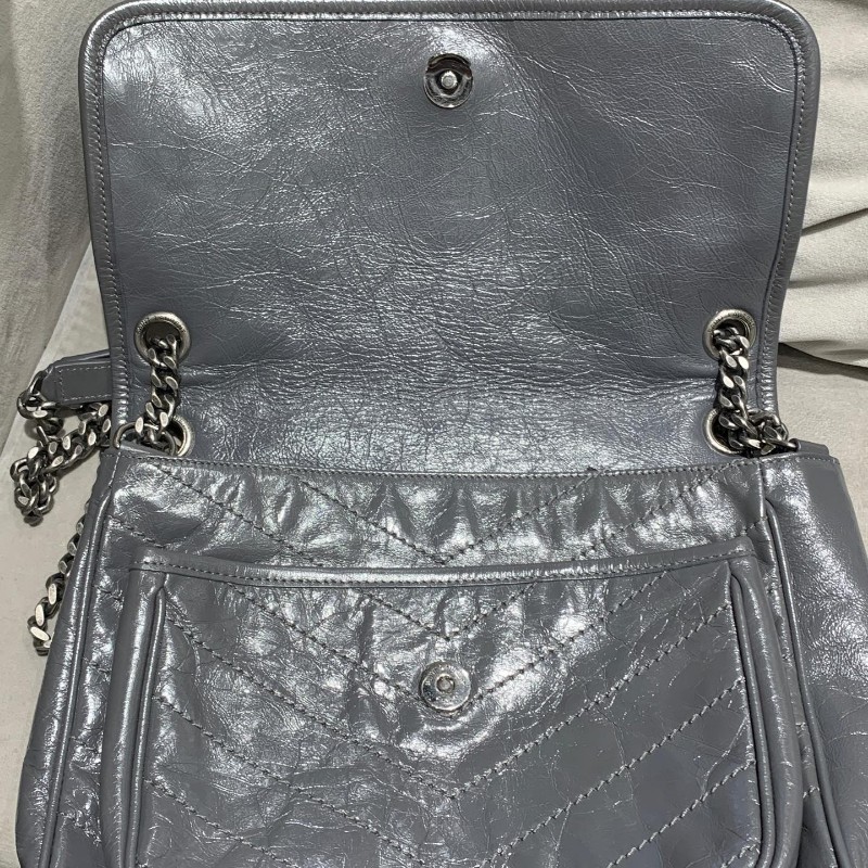 YSL niki中號 灰色小牛皮復古皺褶 鏈條包 新款D扣-7