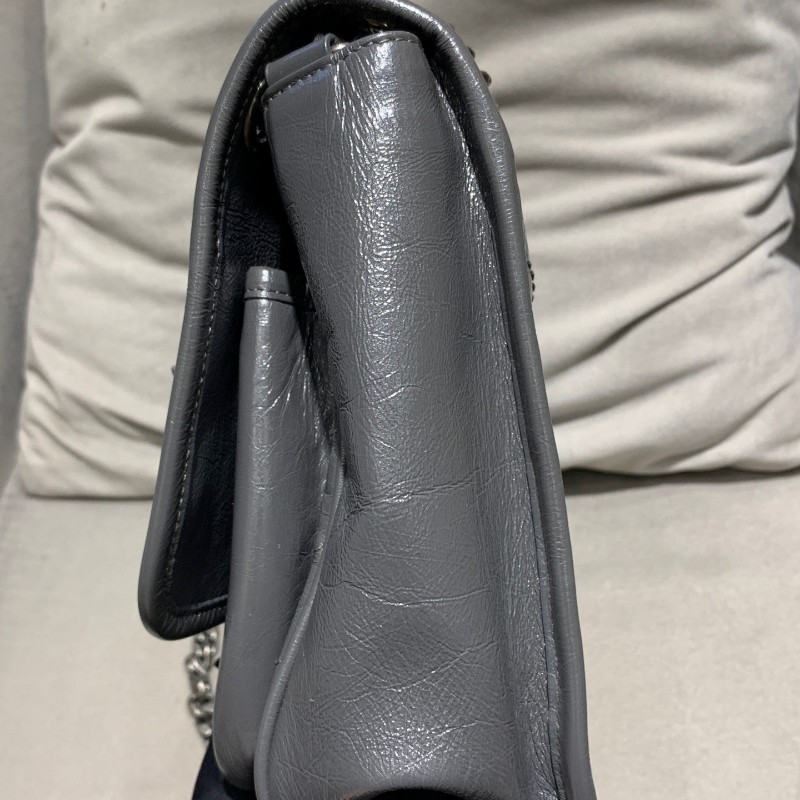 YSL niki中號 灰色小牛皮復古皺褶 鏈條包 新款D扣-11