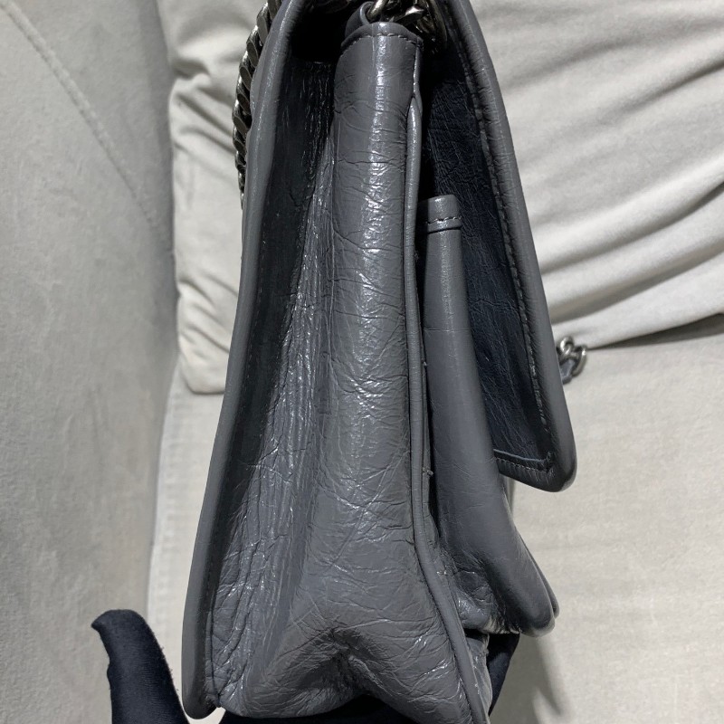 YSL niki中號 灰色小牛皮復古皺褶 鏈條包 新款D扣-12
