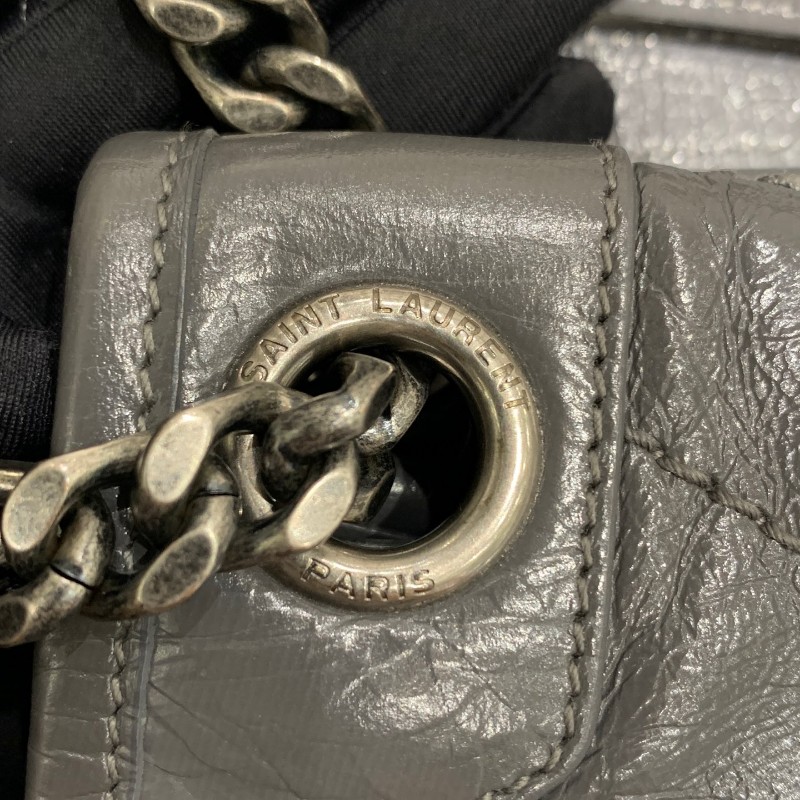 YSL niki中號 灰色小牛皮復古皺褶 鏈條包 新款D扣-17