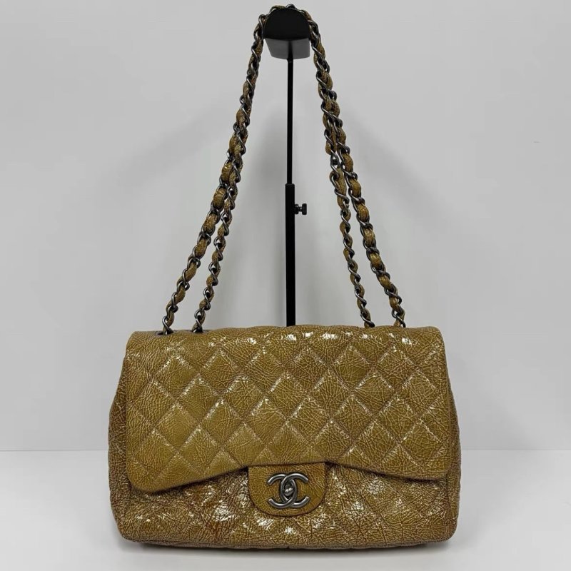 CHANEL 琥珀黃銀扣CF jumbo爆裂紋肩背斜背包 30*8*20 97新配件塵袋-0