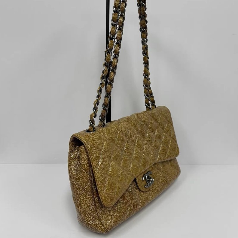 CHANEL 琥珀黃銀扣CF jumbo爆裂紋肩背斜背包 30*8*20 97新配件塵袋-1