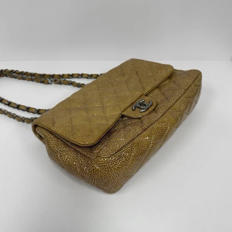 CHANEL 琥珀黃銀扣CF jumbo爆裂紋肩背斜背包 30*8*20 97新配件塵袋-4