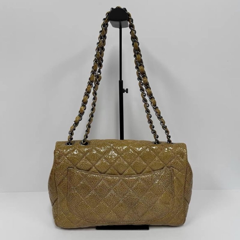 CHANEL 琥珀黃銀扣CF jumbo爆裂紋肩背斜背包 30*8*20 97新配件塵袋-5