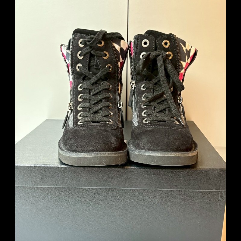 Chanel 碎花內裡布加麂皮黑短靴-6