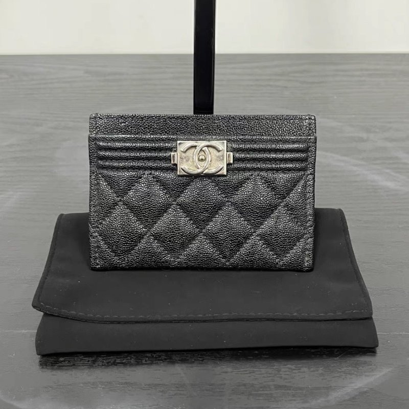 CHANEL 黑銀leboy荔枝紋錢包卡包 11*7.5*0.5 98新配件塵袋-0