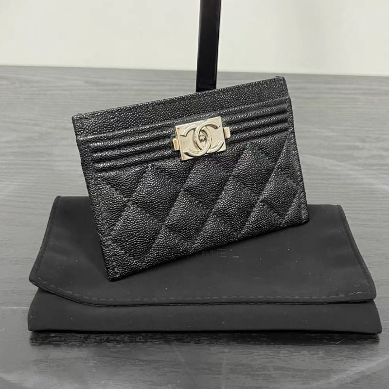 CHANEL 黑銀leboy荔枝紋錢包卡包 11*7.5*0.5 98新配件塵袋-1