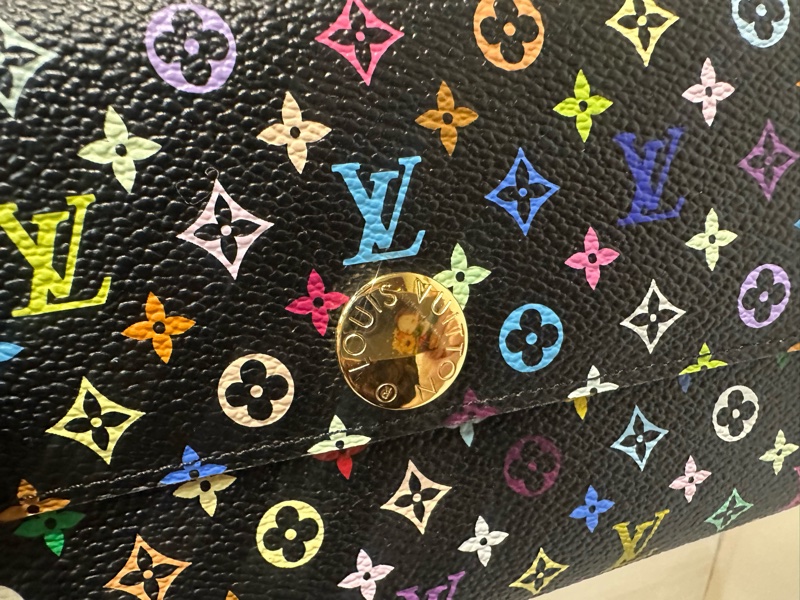 LV 黑彩原花內拚淡草綠金釦村上隆聯名Sarah內10卡零錢袋下釦長夾M93748-5