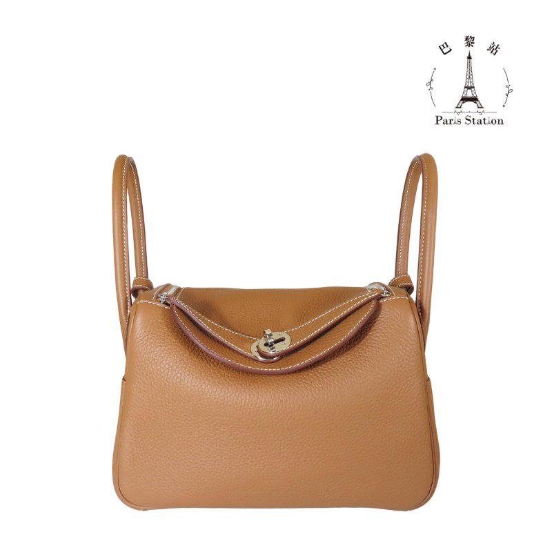 【巴黎站二手名牌專賣店】＊現貨＊HERMES 愛馬仕 真品＊W刻金棕色牛皮銀釦LINDY 26手提肩背包-0