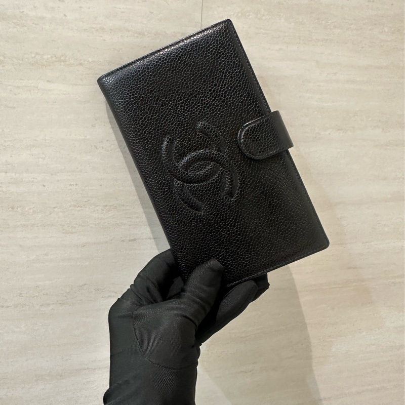 Chanel 黑荔枝牛皮金釦內零錢袋6卡Vintage釦式長夾-0