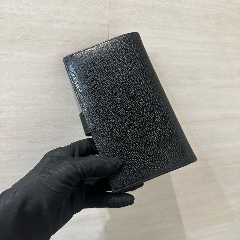 Chanel 黑荔枝牛皮金釦內零錢袋6卡Vintage釦式長夾-1