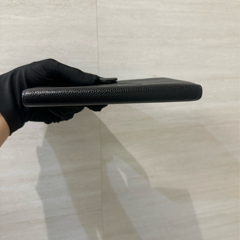 Chanel 黑荔枝牛皮金釦內零錢袋6卡Vintage釦式長夾-4