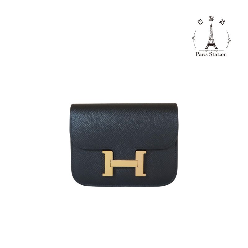 【巴黎站二手名牌專賣店】＊現貨＊HERMES 愛馬仕 真品＊U刻Constance Slim黑色牛皮玫瑰金色H扣康康錢包 MINI小包-0