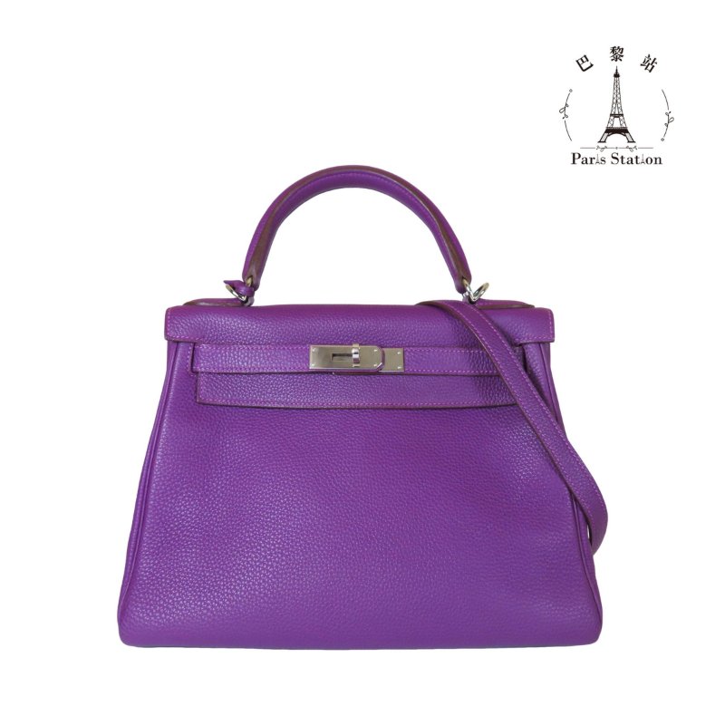 【巴黎站二手名牌專賣店】＊現貨＊HERMES 愛馬仕 真品＊🅁刻海葵紫銀扣KELLY28 手提包 肩背包-0