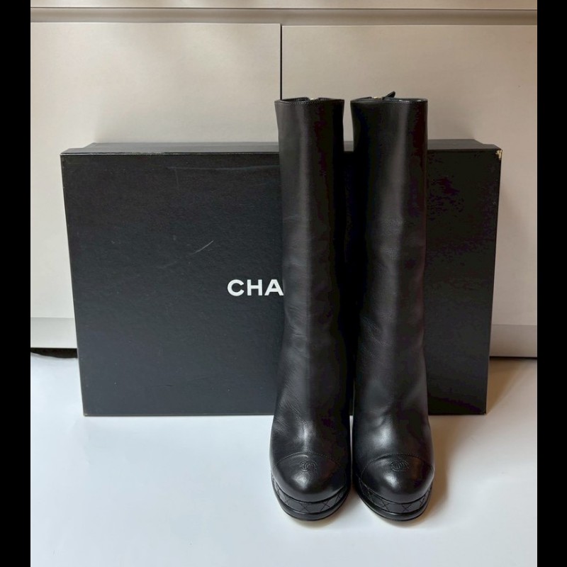 Chanel 金鞋底黑皮高跟長靴-3