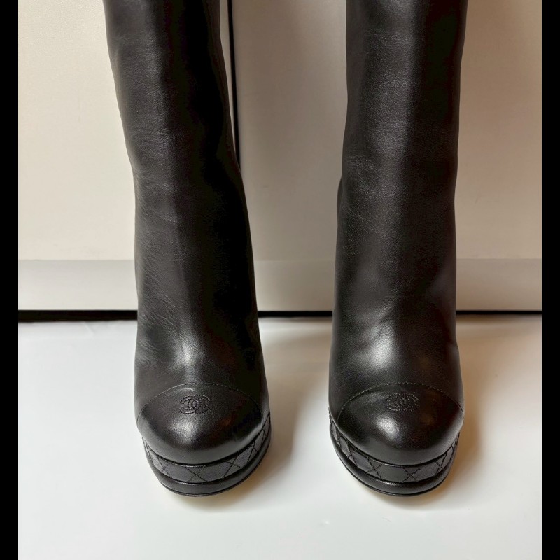 Chanel 金鞋底黑皮高跟長靴-4