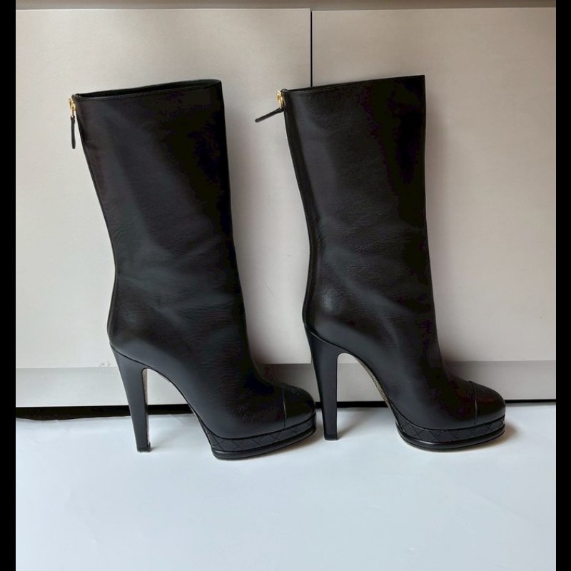 Chanel 金鞋底黑皮高跟長靴-5