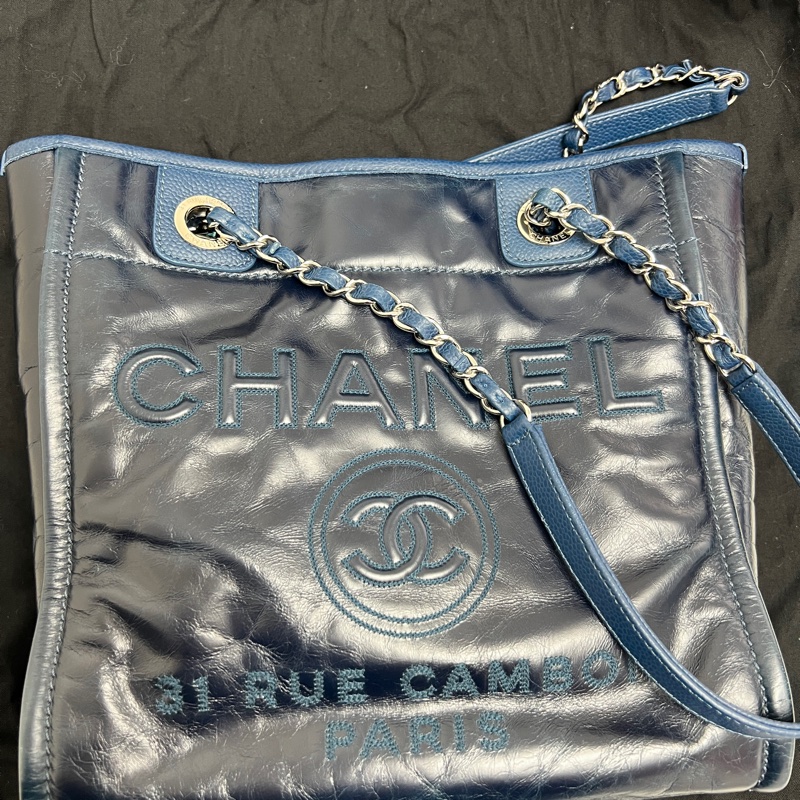 97新閑置品 Chanel小號沙灘包 深藍油蠟牛皮拼荔枝皮 銀扣-0