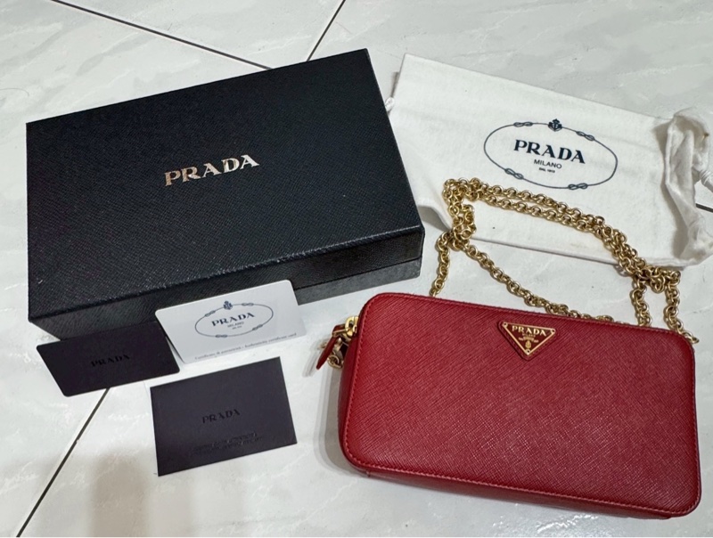 PRADA 紅 牛皮 斜背包 肩背包 WOC-0