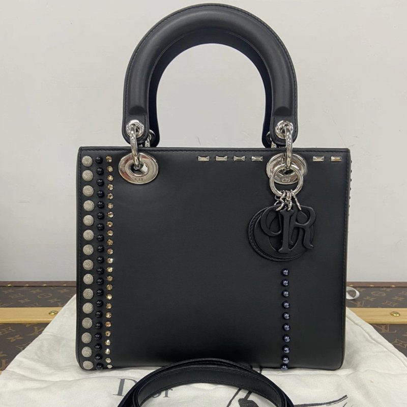 DIOR 黑銀五格卯釘黛妃手提肩背斜背包 24*21*12 98新配件塵袋-0