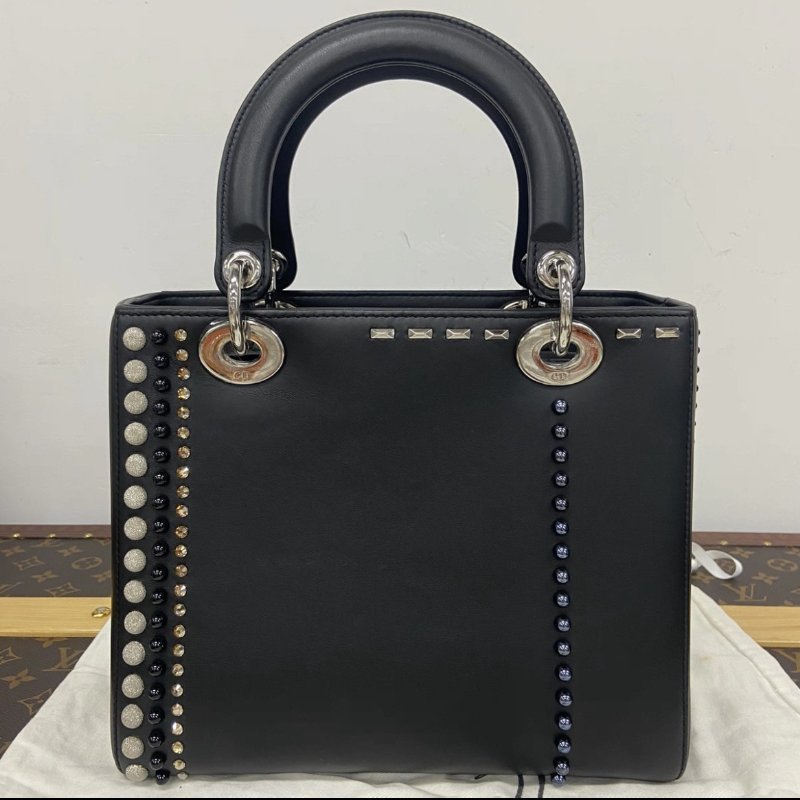 DIOR 黑銀五格卯釘黛妃手提肩背斜背包 24*21*12 98新配件塵袋-4