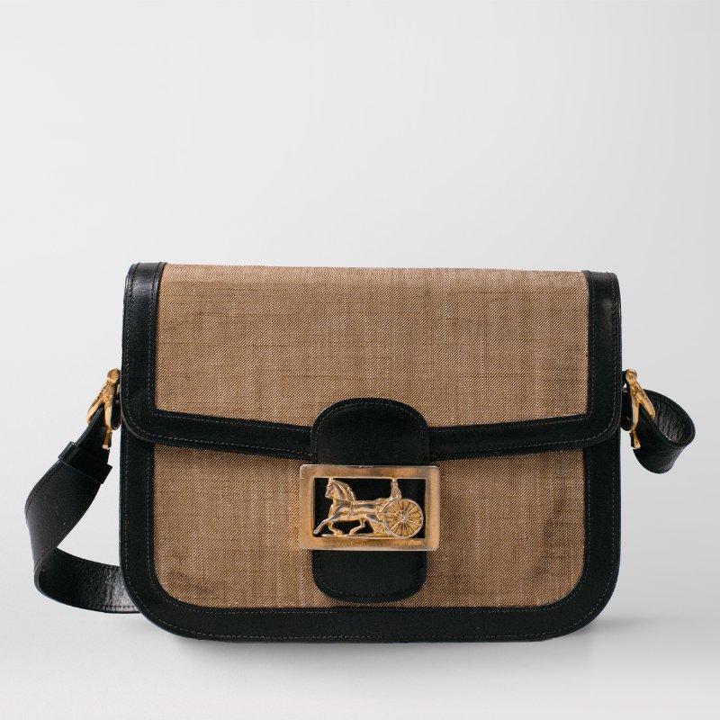 🧠小浮気見世物小屋🧠法國製🇫🇷CELINE 馬車扣斜背包｜黑色真皮 x 卡其色斜紋織布-1