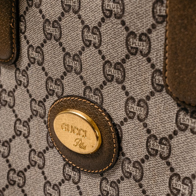 🧠小浮気見世物小屋🧠義大利製🇮🇹GUCCI Plus 老花雙層拉鍊手提包|咖啡棕 GG Plus × 真皮飾邊-0