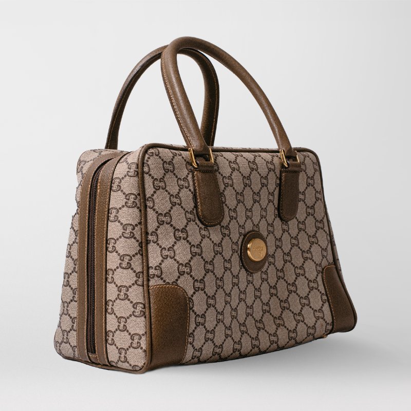 🧠小浮気見世物小屋🧠義大利製🇮🇹GUCCI Plus 老花雙層拉鍊手提包|咖啡棕 GG Plus × 真皮飾邊-7