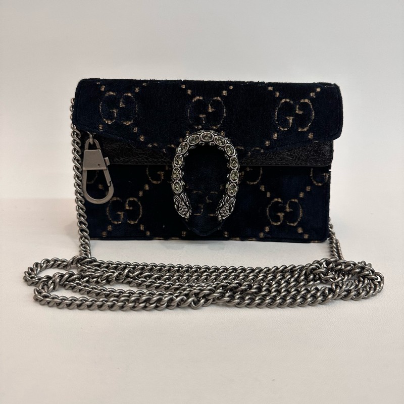 Gucci/古馳黑色壓紋酒神絲絨鑽扣mini鏈條包有龍蝦扣-0