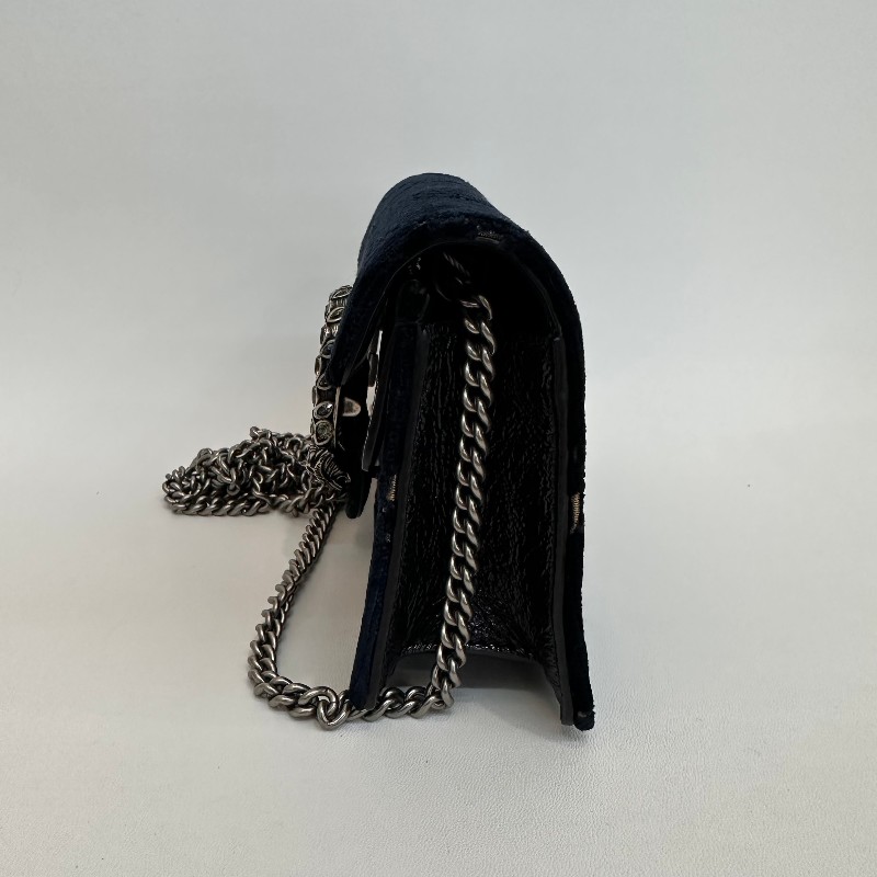 Gucci/古馳黑色壓紋酒神絲絨鑽扣mini鏈條包有龍蝦扣-2