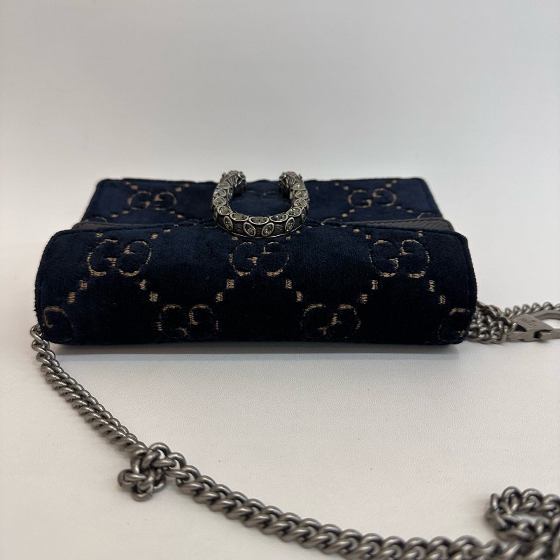 Gucci/古馳黑色壓紋酒神絲絨鑽扣mini鏈條包有龍蝦扣-4