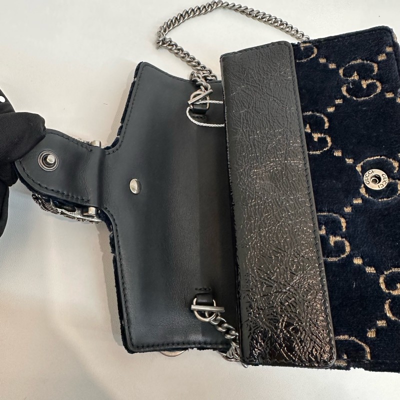 Gucci/古馳黑色壓紋酒神絲絨鑽扣mini鏈條包有龍蝦扣-8