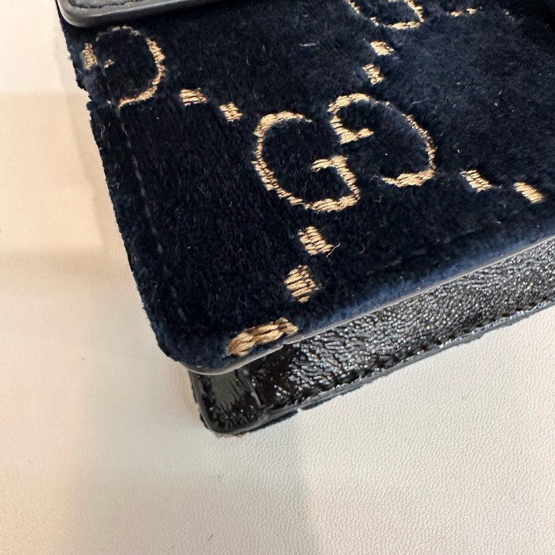 Gucci/古馳黑色壓紋酒神絲絨鑽扣mini鏈條包有龍蝦扣-9
