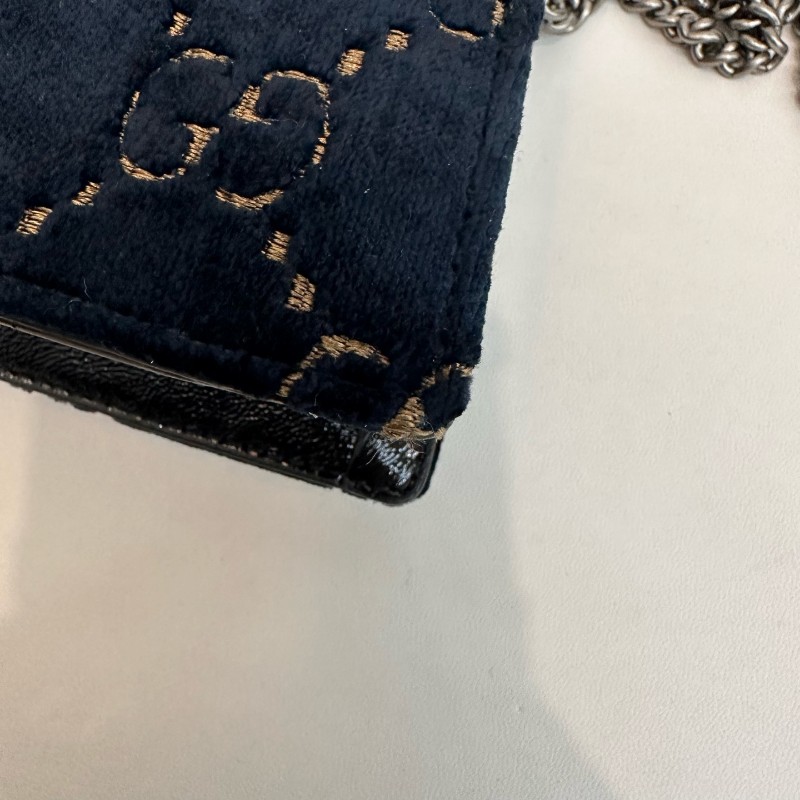 Gucci/古馳黑色壓紋酒神絲絨鑽扣mini鏈條包有龍蝦扣-12