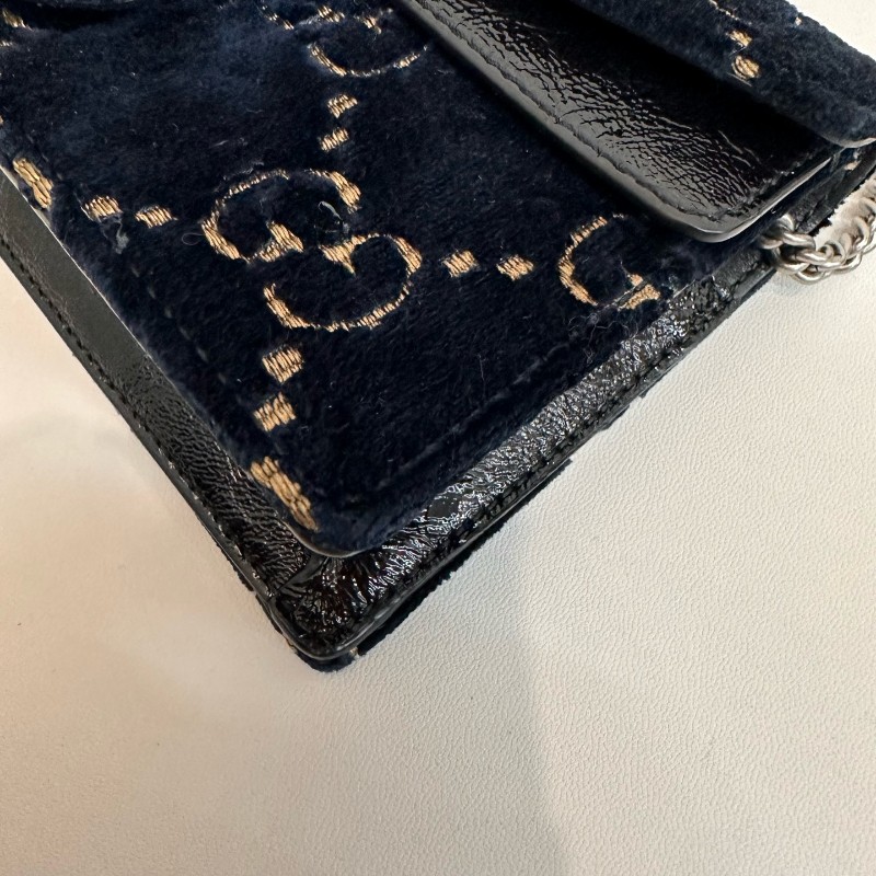 Gucci/古馳黑色壓紋酒神絲絨鑽扣mini鏈條包有龍蝦扣-13