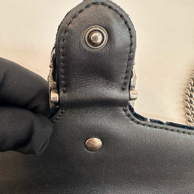 Gucci/古馳黑色壓紋酒神絲絨鑽扣mini鏈條包有龍蝦扣-14