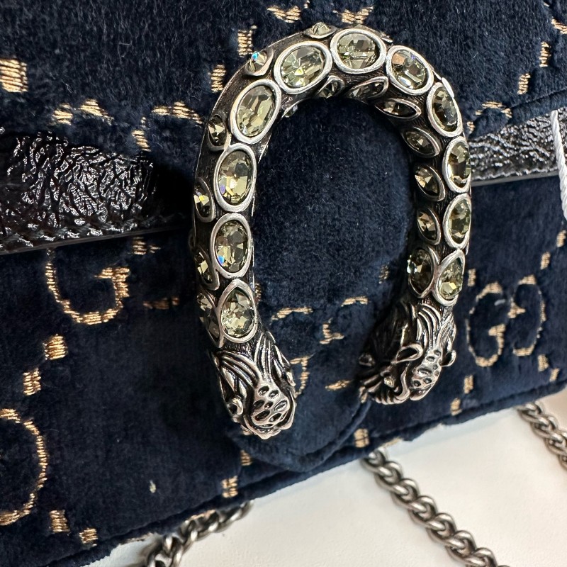 Gucci/古馳黑色壓紋酒神絲絨鑽扣mini鏈條包有龍蝦扣-17