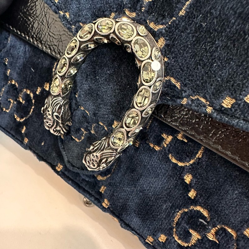 Gucci/古馳黑色壓紋酒神絲絨鑽扣mini鏈條包有龍蝦扣-18