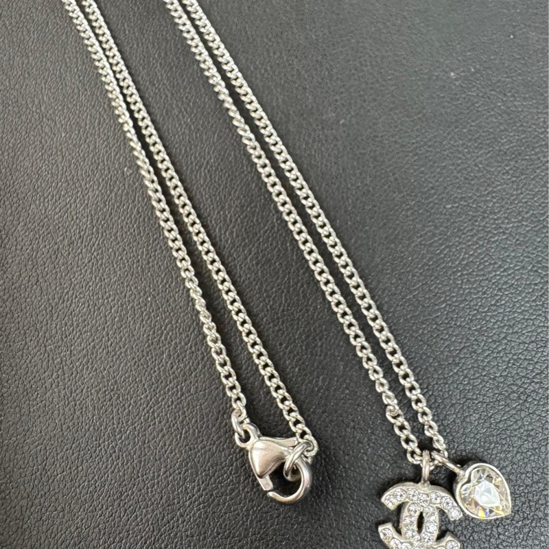 Chanel Vintage 06P 水鑽銀心形CC頸鏈-0