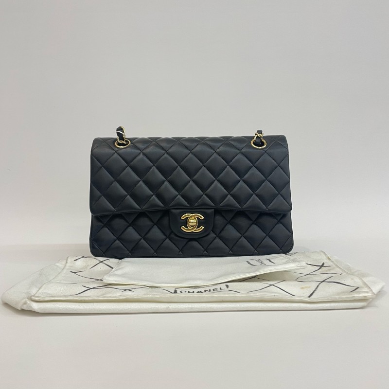 Chanel/香奈兒黑金羊皮cf中號17開雙蓋鏈條單肩斜挎包。-0