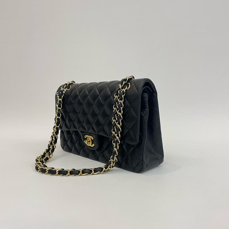 Chanel/香奈兒黑金羊皮cf中號17開雙蓋鏈條單肩斜挎包。-3