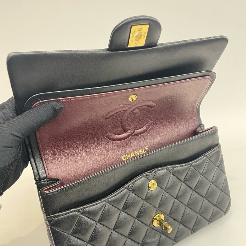 Chanel/香奈兒黑金羊皮cf中號17開雙蓋鏈條單肩斜挎包。-6