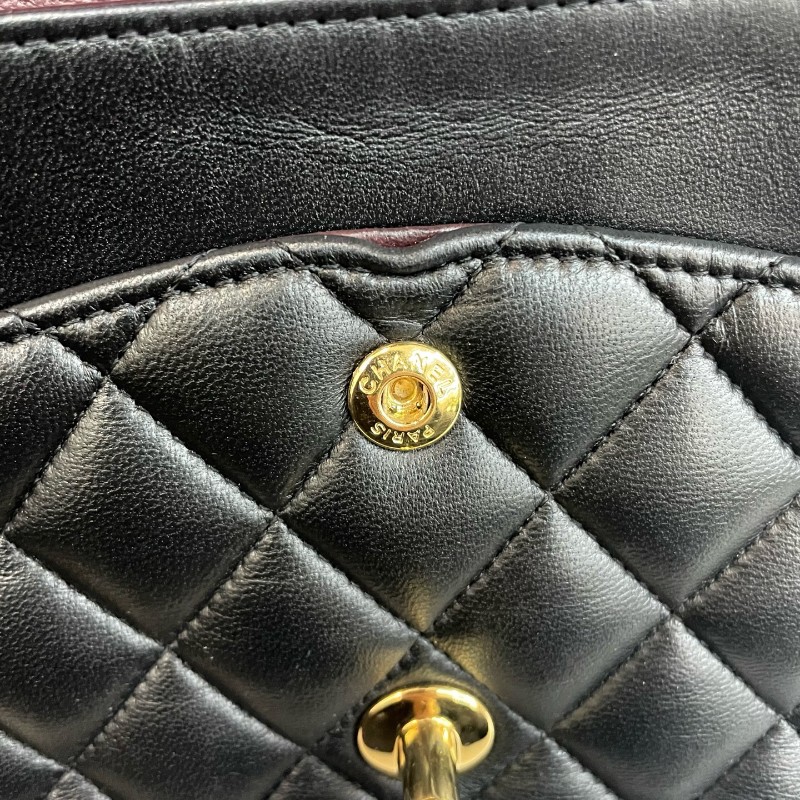 Chanel/香奈兒黑金羊皮cf中號17開雙蓋鏈條單肩斜挎包。-11