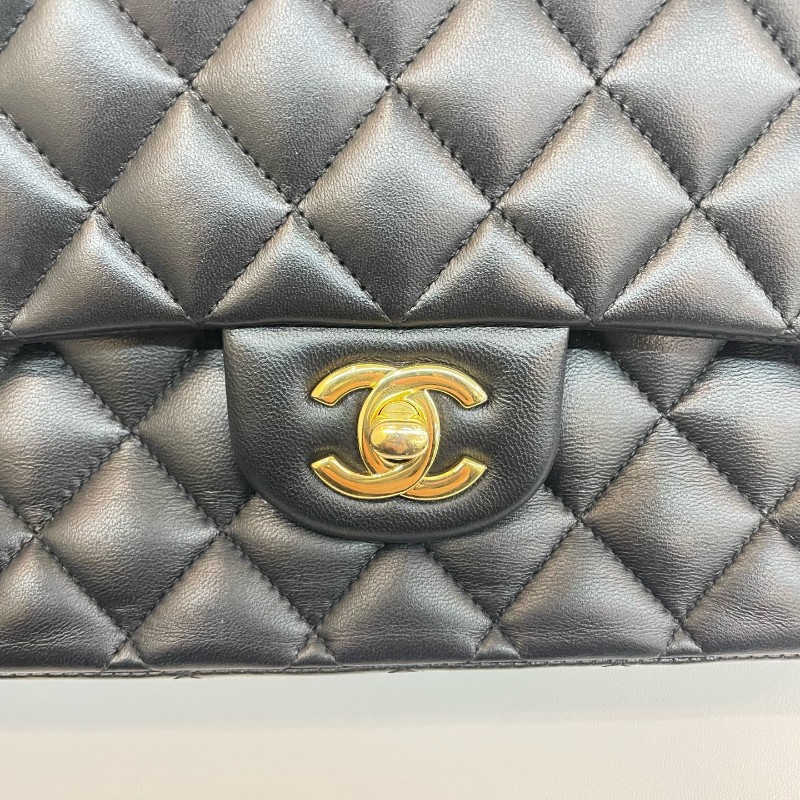 Chanel/香奈兒黑金羊皮cf中號17開雙蓋鏈條單肩斜挎包。-14