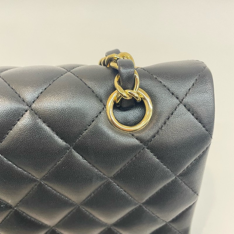 Chanel/香奈兒黑金羊皮cf中號17開雙蓋鏈條單肩斜挎包。-15