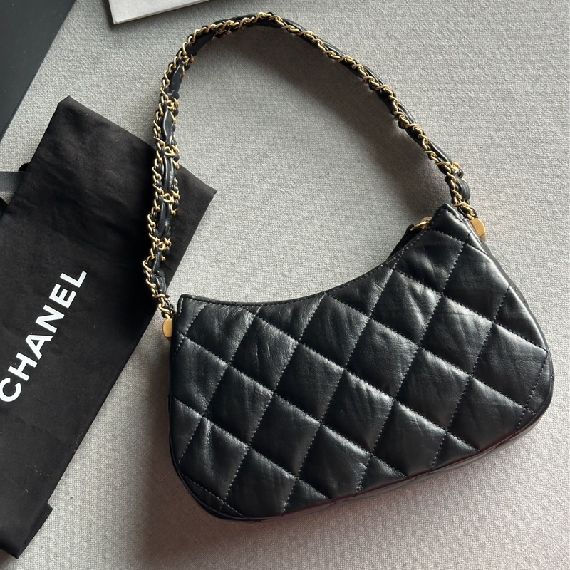 Chanel香奈兒絕美經典雙C 23K 芯片款 大款19 hobo腋下包 肩背包 🖤🤍🖤-3