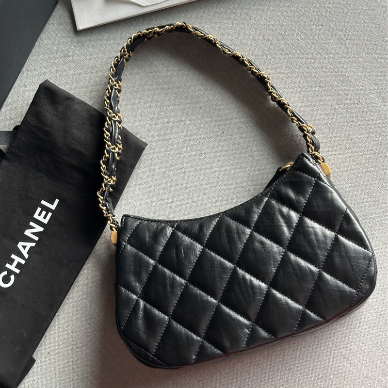 Chanel香奈兒絕美經典雙C 23K 芯片款 大款19 hobo腋下包 肩背包 🖤🤍🖤-20