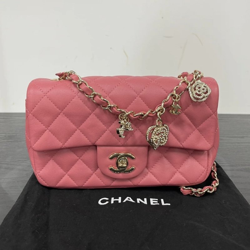 CHANEL 粉色金扣情人節大mini 19.5*14.5*6.5 99新配件塵袋保卡-0